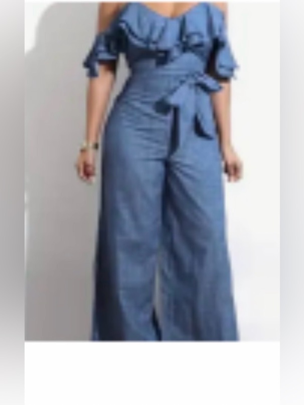 SHEIN Blue Wide-Leg Chambray Tie-Waist Jumpsuit with Cold Shoulder